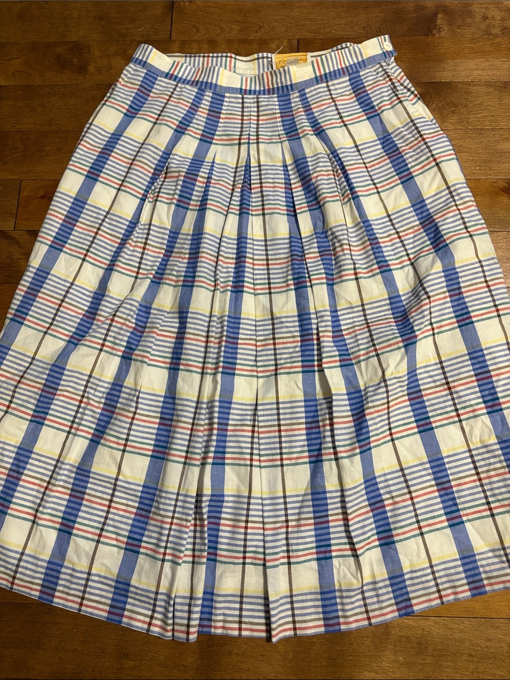 Cotton Pleated White and Blue Plaid Skirt